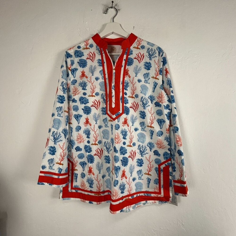 Nico Blu Womens Long Sleeve Caftan Tunic Top PL Coral & Sea Print 100% Cotton